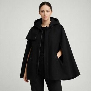 Carol Bassi Black Hooded Cape Coat Designer Poncho Cloak Wool Blend Size 38